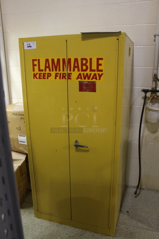 Yellow Metal 2 Door Cabinet w/ Contents. BUYER MUST REMOVE.