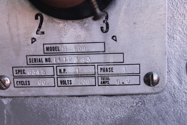 Hobart H-600 Metal Commercial 60 Quart Planetary Dough Mixer. 208 Volts, 3 Phase.  - Image 3 of 5
