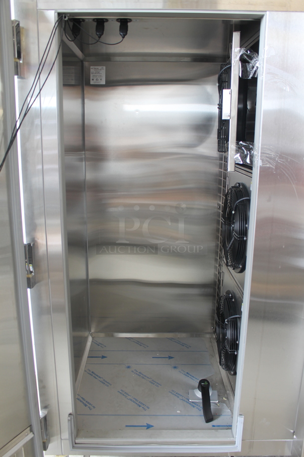 BRAND NEW! 2019 Alto Shaam QC3-100R Stainless Steel Commercial Floor Style Blast Chiller w/ 3 Probes. Comes w/ Remote RivaCold Compressor and Metal Pan Transport Rack. Pan Rack Appears To Be a Little Too Big To Roll In. 115/208-230 Volts, 1 Phase. Stock Picture Used as Gallery Picture - Image 6 of 12