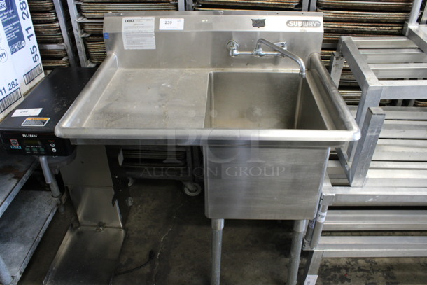 Duke Stainless Steel Commercial Single Bay Sink w/ Left Side Drainboard, Faucet and Handles. 37x27x44. Bay 16x21x13. Drainboard 16x23x1