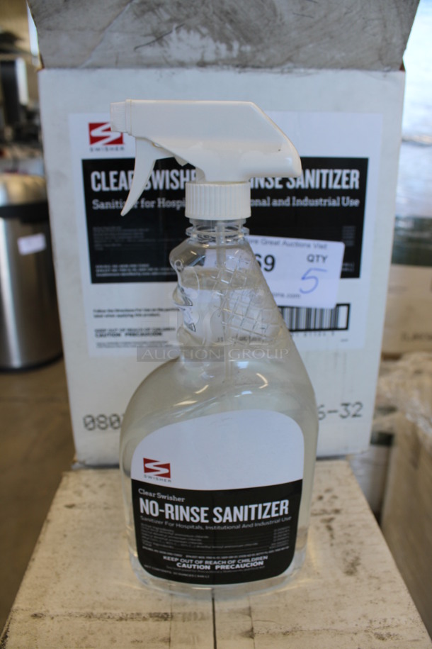 5 NEW Boxes of Swisher No Rinse Sanitizer Bottles. 6 Bottles In Each Box. One Box is Missing Two Bottles. 28 Bottles Total. 4.5x3x11. 5 Times Your Bid!
