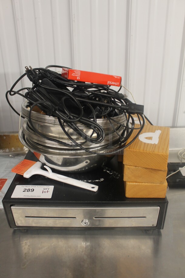 ALL ONE MONEY! Lot of Cash Drawer, Stainless Steel Bowls, Wooden Blocks With Letters, Box Of Universal Pens, Silicone Bristle Basking Brush AND MORE!  - Image 1 of 3