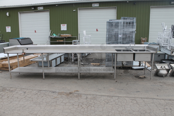 15.5' Stainless Steel Commercial 2 Bay Sink w/ Left Side Countertop, Under Shelf, Faucet and Handles. Bays 20x20