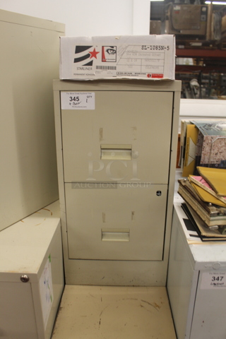 Tan Metal 2 Drawer Filing Cabinet. BUYER MUST REMOVE.