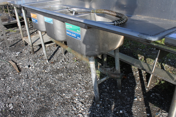 Stainless Steel Commercial 3 Bay Sink w/ Right Side Drain Board, Handles and Spray Nozzle Attachment.  - Image 3 of 3