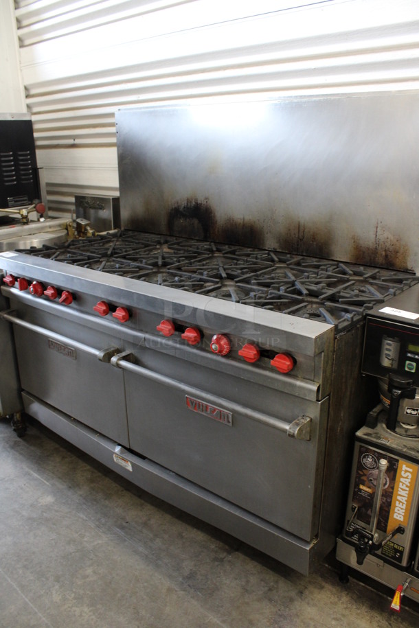 Vulcan Stainless Steel Commercial Natural Gas Powered 10 Burner Range w/ 2 Ovens and Backsplash on Commercial Casters. 60x30x59