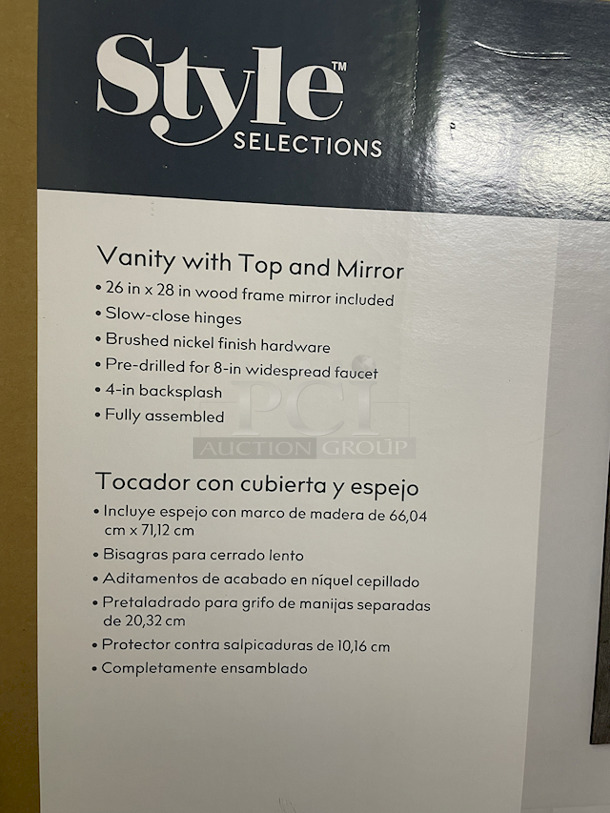 AWESOME!! [3] Style Selections Gray Undermount Single Sink Bathroom Vanity with Top and 26 in x 28 in Wood Frame Mirror, Gray Finish, Slow-close hinges, Brushed nickel finish hardware, Pre-Drilled for 8-in Widespread Faucet, 4-In backsplash, Fully assembled.  
30 in × 20 in × 34.5 in - Image 4 of 6
