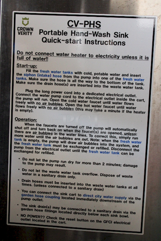 AMAZING! Crown Verity CV-PHS-4C Space Saver Single Bowl Cold Water Portable Hand Sink Cart. Includes: Electric Pump (120V), Hands Free Pump Saver Foot Pedal, Power Outlet, Soap Dispenser Holder and Paper Towel Dispenser. Allows For Hook-Up To City Water. On Commercial Casters. Keys Not Included. 25x24-1/4x47-3/4 

Condition is 9/10 - Lighting Makes It Difficult To Photograph - Image 8 of 12