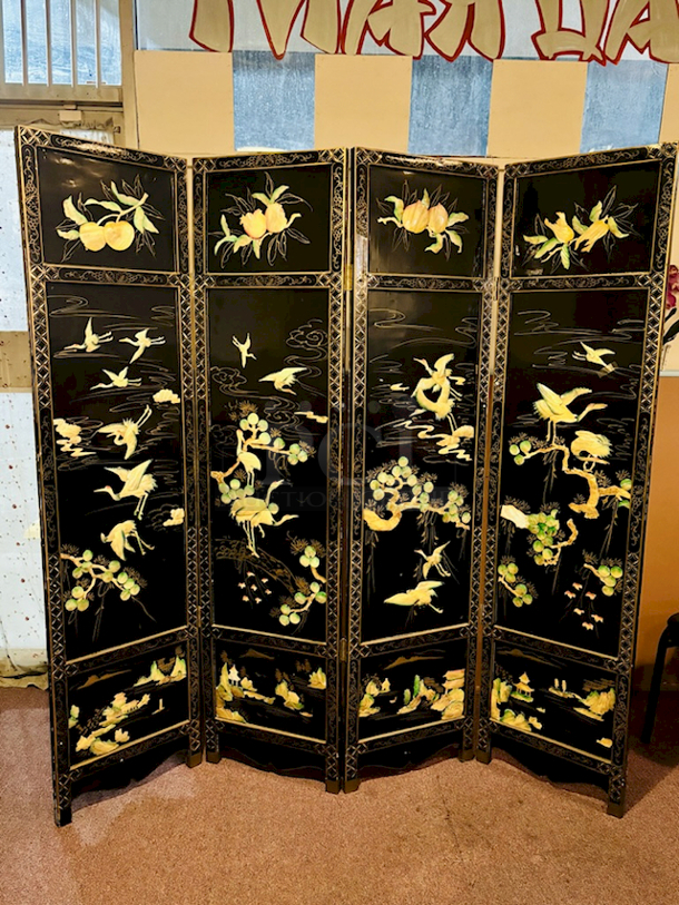 BEAUTIFUL!! Adjustable 4 Panel Room Divider, Different Designs On Front & Back Wood. Minor Signs of Ware, 71” Wide. - Image 3 of 12