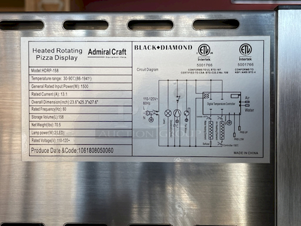 LIKE NEW!! Admiral Craft HDRP-158 Pizza Display Warmer Countertop Full-service - In Outstanding Condition. Rotating 4-tier Rack, Holds (4) 18" Pizzas, Digital Temp Control & Display, Adjustable Temp and Humidity, LED Interior Lighting, 1.7kW, 115/60/1-ph, 14.2 amps 25x24x28 - Image 7 of 7