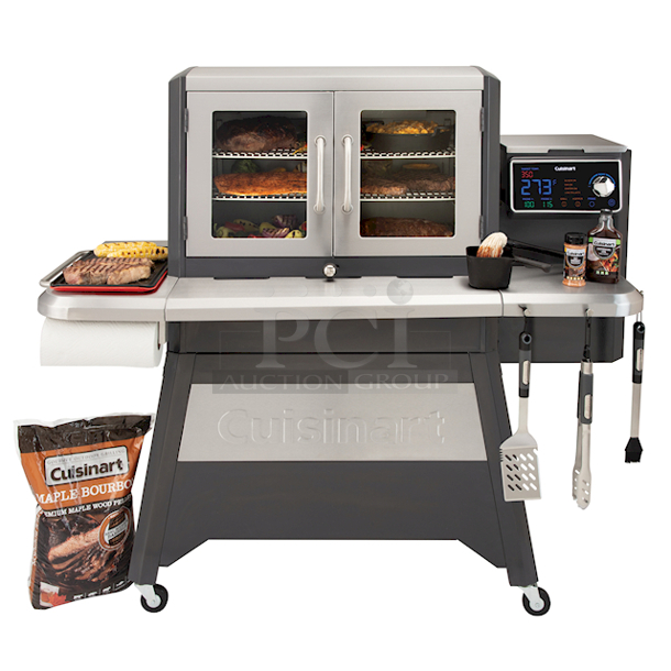 NEW! IN THE BOX! Cuisinart® CGWM-080 Clermont Pellet Grill and Smoker. 8-in-1 COOKING CAPABILITIES: Large 1400 sq.in. off cooking space with an integrated Sear Zone expands your cooking capabilities; Smoke, BBQ, Grill, Roast, Sear, Braise, Bake, and Char-Grill. WIDTH: 31 DEPTH: 64 HEIGHT: 59 ORIGINAL 