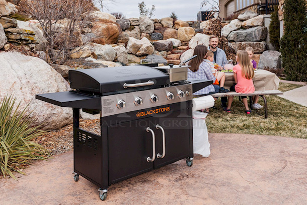 DON'T LET THIS PASS YOU BY!! Blackstone Model 1845 Range Top Combo - 28" Griddle with Bonus Fryer. (3) Burner Griddle With (2) Burner Range. 65,000 BTUs, On Casters. 68.25 in. x 27.5 in. x 41.25 in. - Image 1 of 8