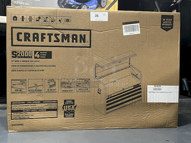 SEALED IN THE BOX!! Crafstman CMST98222RB S2000 Series 37 Inch 4 Drawer Tool Chest W/ 10 Year Limited Warranty – 100lbs Drawer Load Capacity, Keyed Internal Locking System, Power Strip With USB Input, Soft Close Ball-Bearing Slides, 10,1843  Volume Capacity. Includes: 2 Keys and 1 Top Mat. 37” W x 16” D x 24-1/2” H