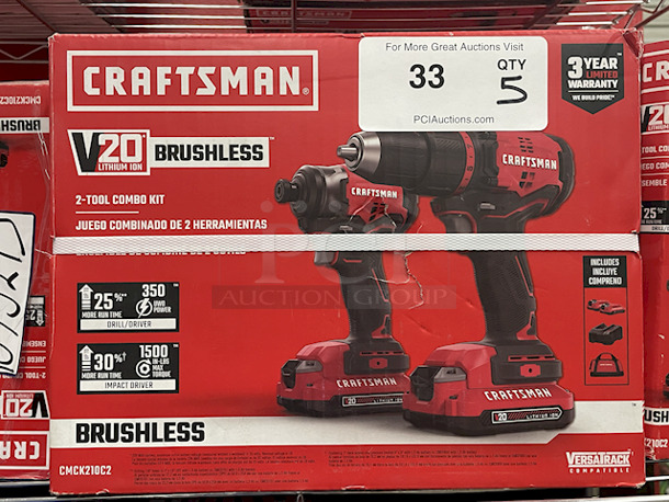 SWEET DEAL!! [5] Craftsman СМСК210C2 V20 Lithium Ion Brushless 2 Tool Combo Kit. Kit Includes: (1) Drill/Driver (1) Impact Driver W/ 1500 in-lbs Max Torque, (2) Batteries, (1) Charger, (1) Carry Case. 5x Your Bid - Image 2 of 3