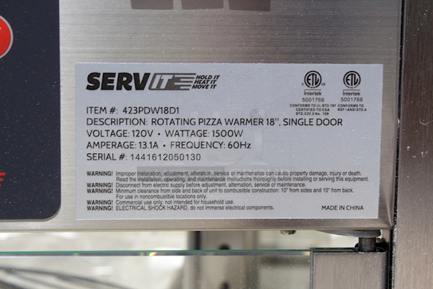 BRAND NEW SCRATCH & DENT! ServIt PDW18D1 18" Full-Service Pizza Warmer with 4-Shelf Rotating Rack. Broken Glass.
 - Image 2 of 8