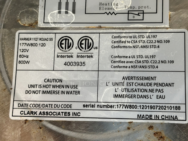 Avantco Warmer 11qt, Round, Stainless Steel. 120v 800Watt.  - Image 3 of 3