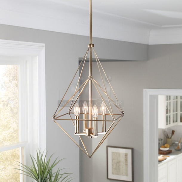 NEW & WAITING FOR YOU! allen + roth Palmsley 4-Light Soft Gold Modern/Contemporary Geometric Hanging Pendant Light . 2x Your Bid Fixture dimensions: 18-in W x 18-in D x 25-in H - Image 1 of 3