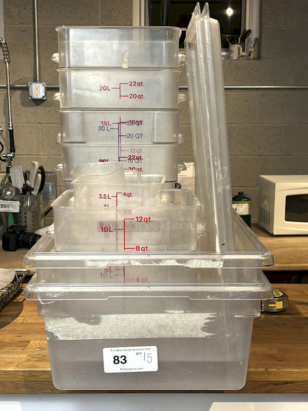JACKPOT! 15 Piece Cambro Variety Lot (2) 18x26, (1) 12qt, (1) 6qt, (3) 4qt, (2) Measuring Cups (Pint & Quart), (4) 22qt Ingredient Storage Containers, (2) Full Size Pan Lids. 15x Your Bid - Image 1 of 6