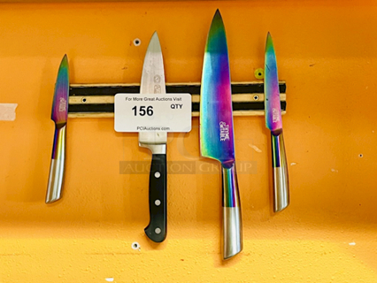 SHARP! 4 Kitchen Knives With Magnetic Wall Mount Holder. 5x Your Bid