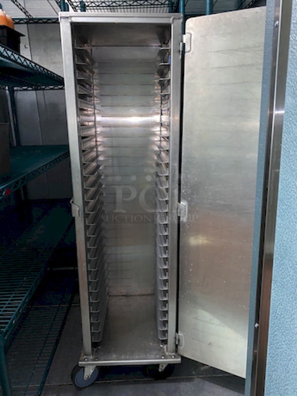 PERFECT! Lockwood CA60-RR25-C Mobile 60" Retarder/Bread Cabinet. On Commercial Casters. 

Mobile 60" Retarder Cabinet: Stores and protects your dough on half size pans
Construction:  High tensile aluminum
Dimensions:  60"H x 18-1/2"W x 21-1/2"D
Center spacing:  2"
Pan supports:  25 pair of 1-1/2" wide removable pan supports
Pan capacity:  25 (1/2 size sheet pans 13" x 18")
Casters:  5" swivel plate
Actual Weight:  72 lbs.
 - Image 2 of 4
