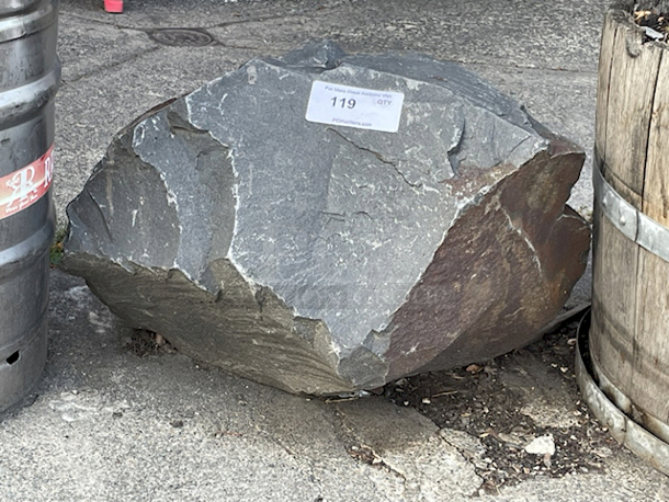 Decorative Stone. *1/2 Barrel Steel Keg and 1/2 Wood Barrel For Size Comparison Comparison - Image 1 of 3