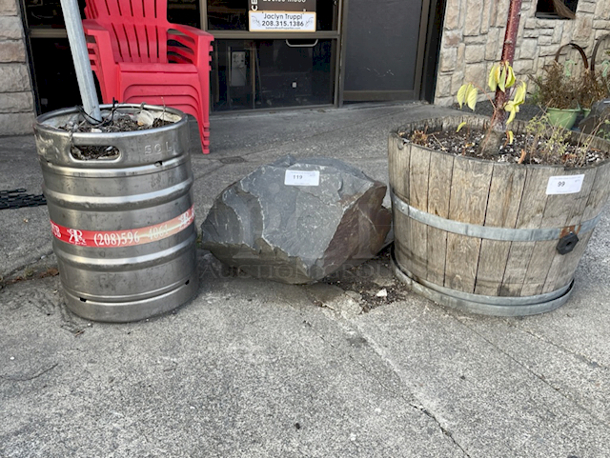 Decorative Stone. *1/2 Barrel Steel Keg and 1/2 Wood Barrel For Size Comparison Comparison - Image 2 of 3