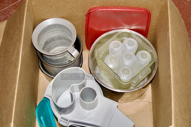 AWESOME! Box Of Measuring Cups, Bowls, Squeeze Bottles, Cambro 12qt, Robot Coupe Attachment and Lids.  - Image 1 of 4