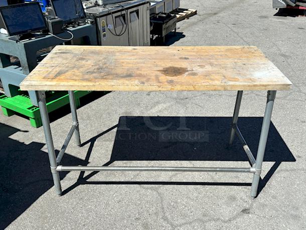 60 Inch Butcher Block Prep-Table With Solid Metal Frame. 