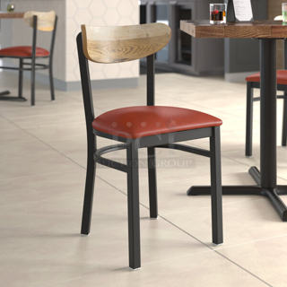 BRAND NEW SCRATCH AND DENT! Lancaster Table & Seating Boomerang Series Black Finish Chair with Burgundy Vinyl Seat and Driftwood Back. 8x Your Bid. 