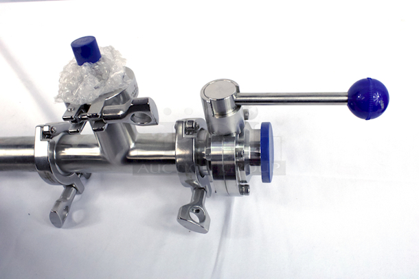 NEW/NEVER USED  1-1/2” Tri-Clamp CIP Arm With ¼” Hose Barb For Sight Glass Tubing (At Top), .”T” Valve With 1/4" NPT Fitting For Pressure Valve, 1-1/2” Tri-Clamp Butterfly Valve Drain.  - Image 5 of 5