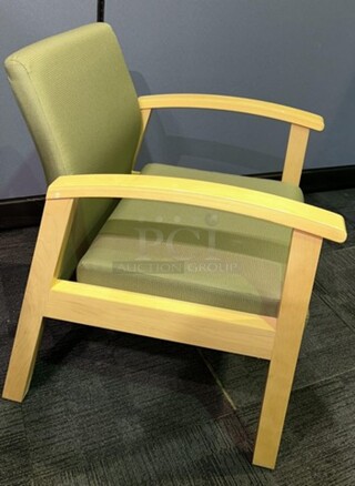 Reception or guest seating set with chair and double chair with armrests. In great condition- light wooden framing with a light green fabric upholstery. Perfect for any space. Chair measures 34” H x 25” W x 24.5” D. Double chair measures 34” H x 48” W x 26.5” D. 