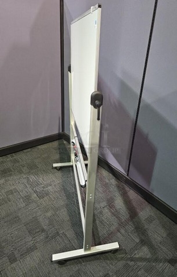VizPro Dry erase whiteboard on wheels with silver metal framing. Double sided. In good used condition- not broken. 69"H x 52"W x 22"D - Image 3 of 3