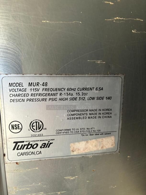 Turbo Air MUR-48 48 1/4" W Undercounter Refrigerator w/ (2) Section & (2) Doors, 115v
 - Image 6 of 7