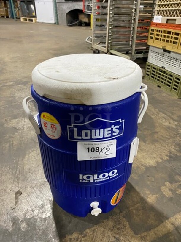 Lowes Blue And White Poly Portable Water Cooler! With Side Handles! With Lids! 2x Your Bid! - Image 2 of 5