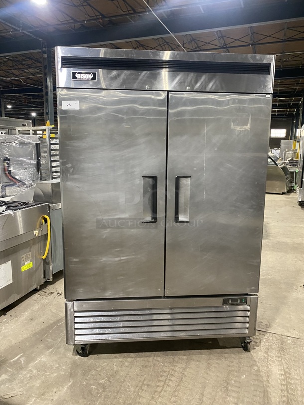  LATE MODEL! 2021 Bison All Stainless Stell Commercial  Double Door Reach In Cooler! On Commercial Casters! Working When Removed! MODEL: BRR-46 SN: BRR-4600321052900K8008 1PH! - Image 1 of 8