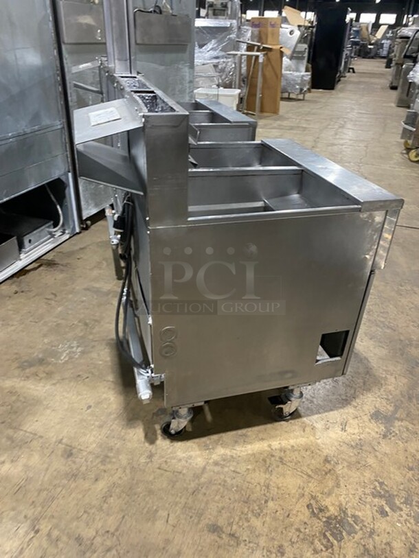 FAB! Pitco Frialator Commercial Natural Gas Powered 4 Bay Deep Fat Fryer! With Middle Fryer Basket Rack! With Oil Filter System! All Stainless Steel! On Casters! Model: SGH50 SN: G10DA010387 - Image 3 of 12