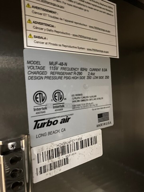 Turbo Air Commercial 2 Door Lowboy/Worktop Freezer! All Stainless Steel! On Casters! Model: MUF48N SN: H2KMU4FEY1484 115V 60HZ 1 Phase - Image 5 of 6