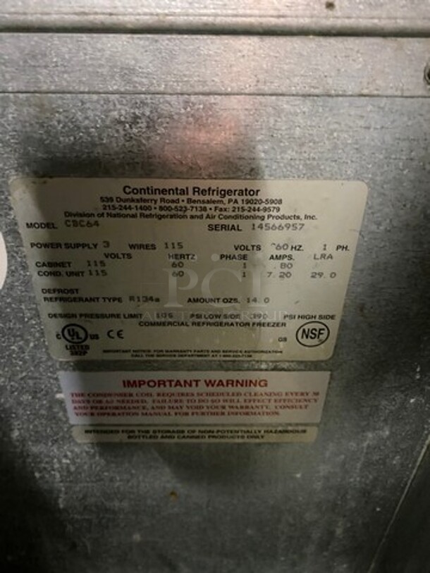 Continental Commercial Under The Counter Beer Bottle Cooler! With 2 Stainless Steel Sliding Top Doors! Model: CBC64 SN: 14566957 115V 60HZ 1 Phase - Image 6 of 7