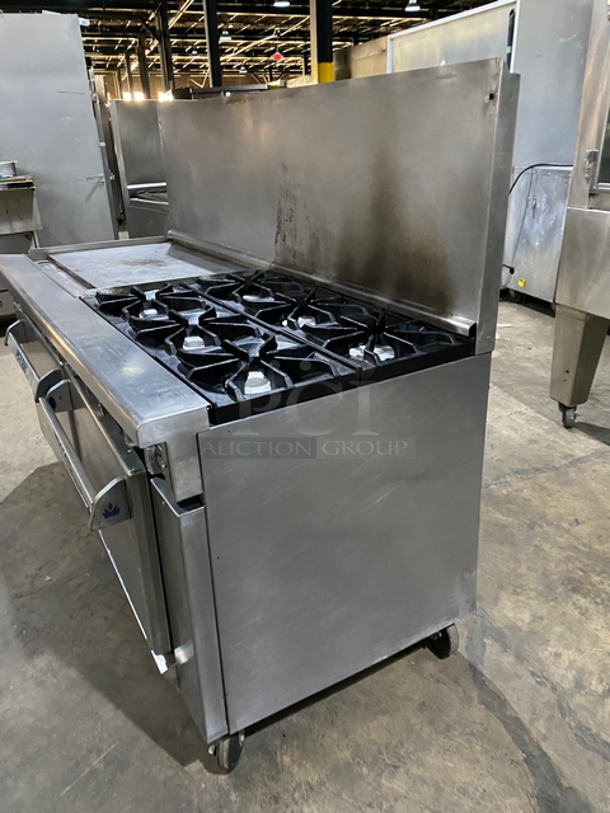 Sweet! Imperial Commercial Natural Gas Powered 6 Burner Stove With Left Side Flat Top Griddle! 2 Full Size Ovens Underneath! With Metal Oven Racks! Left Side Splash And Raised Back Splash!  All Stainless Steel! On Casters! - Image 3 of 11
