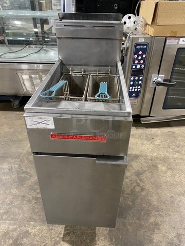 American Range Commercial Natural Gas Powered Deep Fat Fryer! With Backsplash! All Stainless Steel! On Legs! Model: AF50HE SN: 211020FO144