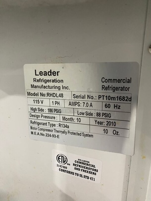 2010 Leader Commercial Refrigerated Bakery Display Case Merchandiser! With Curved Front Glass! With Rear Access Doors! Stainless Steel Body! Model: RHDL48 SN: PT10M1682D 115V 60HZ 1 Phase - Image 6 of 8