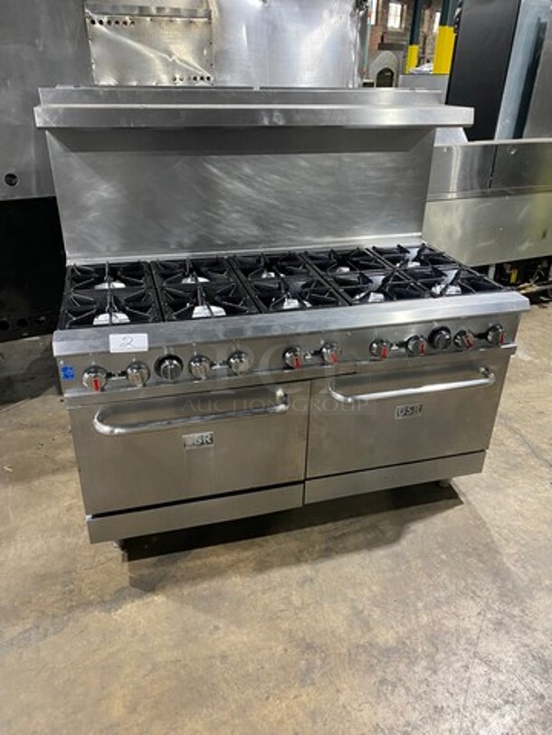 NICE! USR Cookline Commercial Natural Gas Powered 10 Burner Stove! With Raised Back Splash And Salamander Shelf! With 2 Full Size Oven Underneath! All Stainless Steel! On Legs!