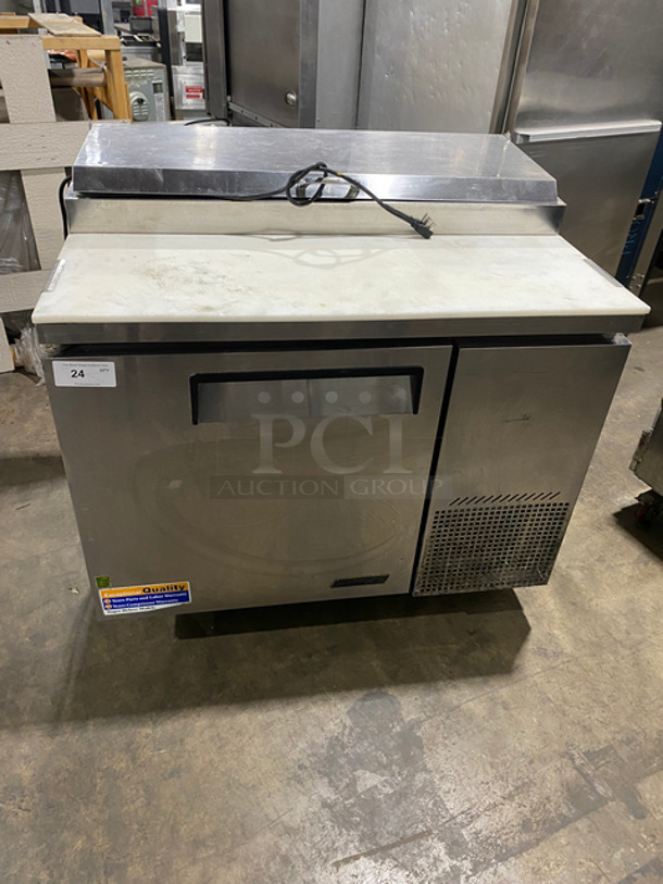 Turbo Air Commercial Refrigerated Pizza Prep Table! With Commercial Cutting Board! With Single Door Storage Space! Poly Coated Rack! All Stainless Steel! On Casters! Model: TPR44SD SN: TP4RA0100B 115V 60HZ 1 Phase