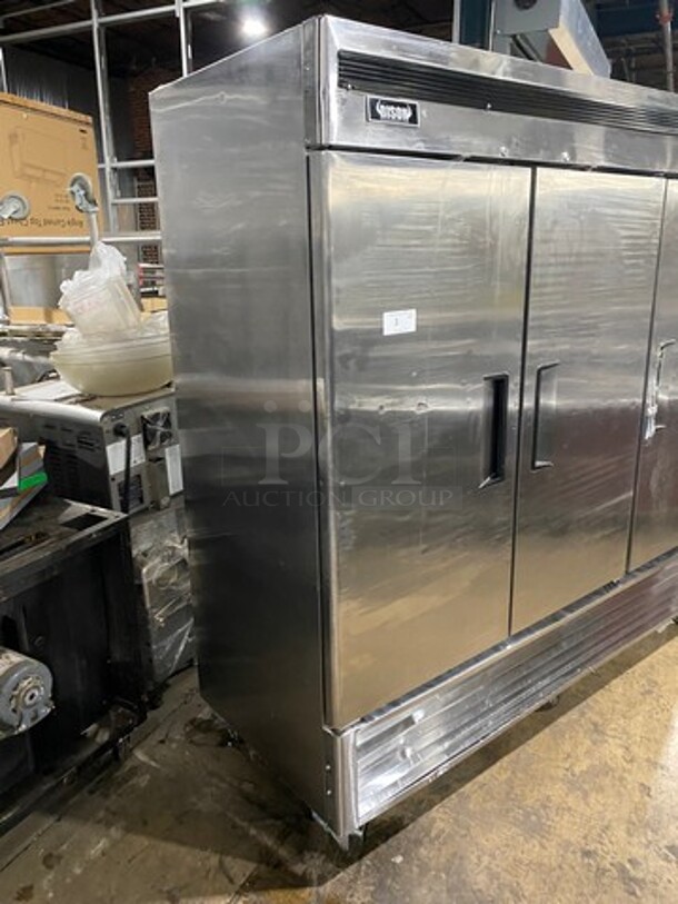 LATE MODEL! 2015 Bison Commercial 3 Door Reach In Freezer! With Poly Coated Racks And Pan Rack! All Stainless Steel! On Casters! Model: MBF8504 SN: BRF71151015K8005 115/208/230V 60HZ 1 Phase - Image 2 of 10