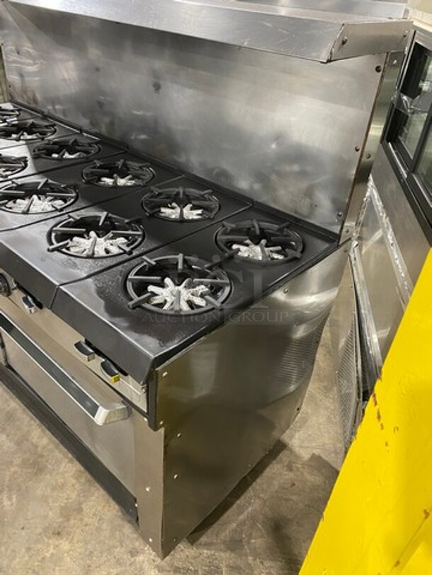 AMAZING FIND! Garland Natural Gas Powered 12 Burner Stove! With 2 Full-Sized Ovens! With Metal Oven Racks! With Raised Back Splash & Salamander Shelf! Stainless Steel! On Casters! WORKING WHEN REMOVED! - Image 2 of 11