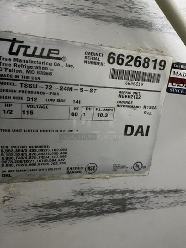 True Commercial Refrigerated Sandwich Prep Table! With Overhead Shelf! With 3 Door Storage Space Underneath! All Stainless Steel! On Casters! Model: TSSU7224MBST SN: 6626819 115V 60HZ 1 Phase - Image 9 of 11