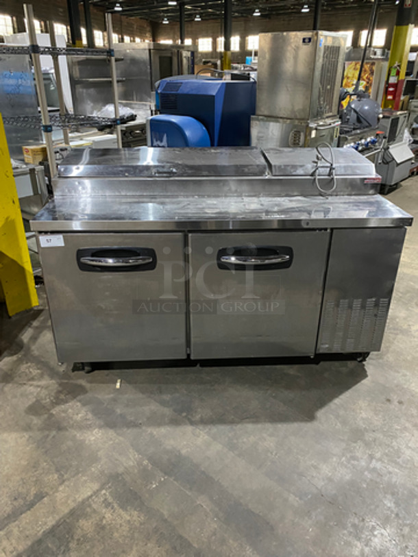 Commercial Refrigerated Pizza Prep Table! With 2 Door Underneath Storage Space! With Poly Coated Racks! All Stainless Steel! On Casters! Model: PT67 SN: 11100035 115V 60HZ 1 Phase