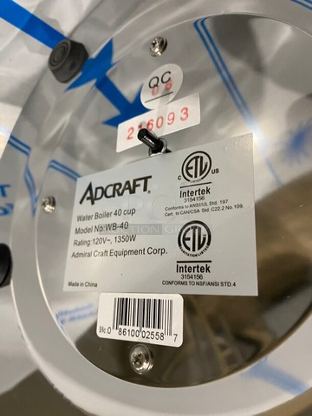 NEW! IN THE BOX! Adcraft Commercial Countertop Water Boiler/ Hot Water Dispenser! 40 Cup Capacity! Stainless Steel! Model: WB40 120V - Image 8 of 9