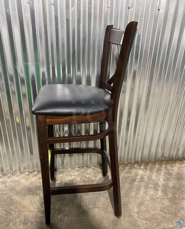 WOW! New! Solid Beech Wood Cross Back Commercial Bar Stool! In Cherry Wood With Black Vinyl Seat! 3x Your Bid! - Image 2 of 7
