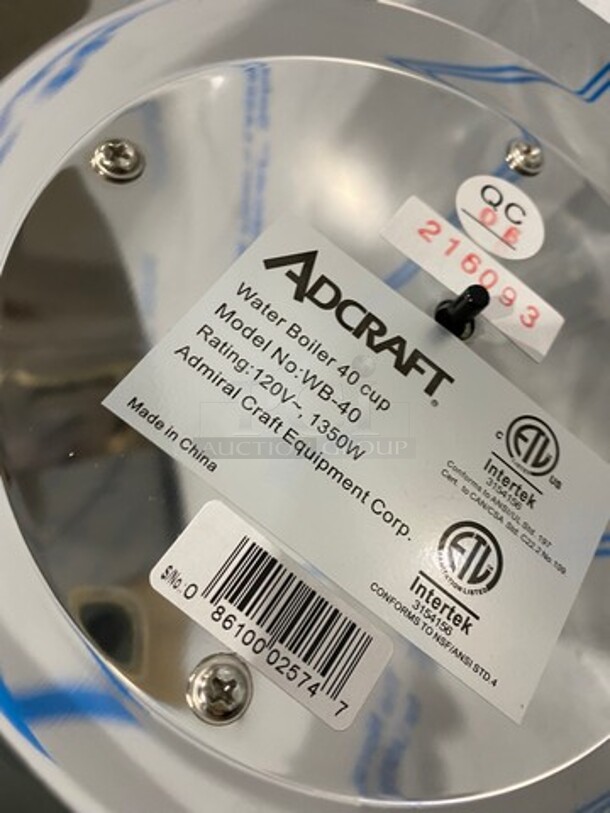 NEW! IN THE BOX! Adcraft Commercial Countertop Water Boiler/ Hot Water Dispenser! 40 Cup Capacity! Stainless Steel! Model: WB40 120V - Image 7 of 8